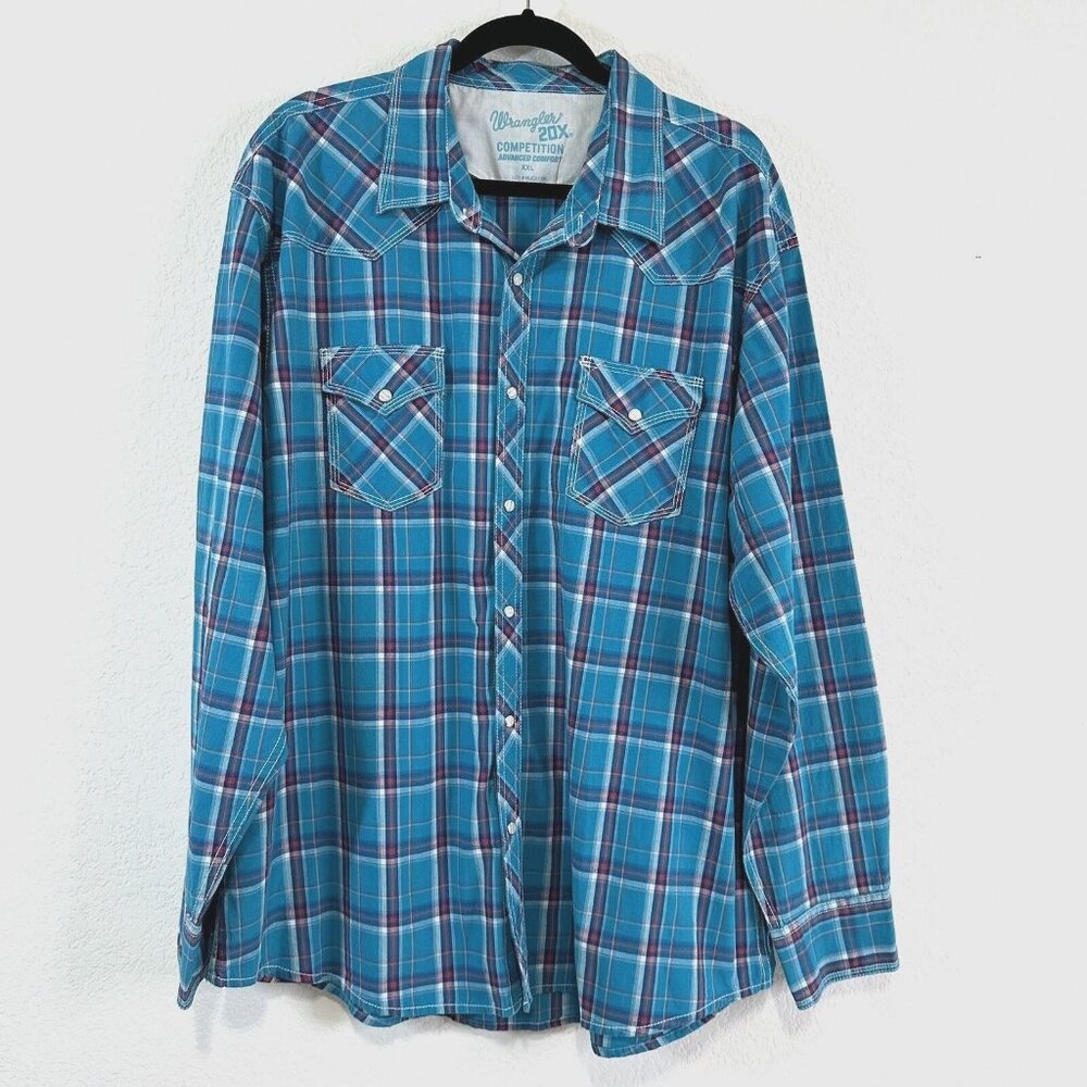 Wrangler 20X Men's Pearl Snap Plaid Western Cowboy Shirt Size XXL Aqua Blue
